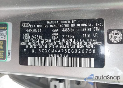 2014 Kia Optima Lx из США, поврежденный, VIN 5XXGM4A78EG320758